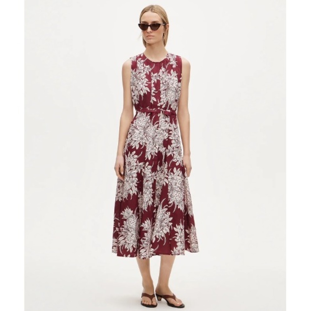 J.Crew Pineapple Floral Linen Midi Dress Size XL Maroon Button Front Belted Maxi